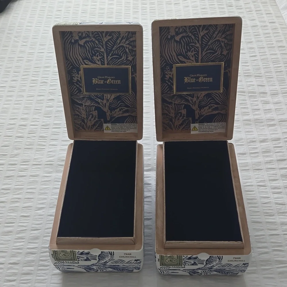 GRAN HABANO Blue in Green Churchill Cigar Boxes (2) Blue White Tobacco Leaf